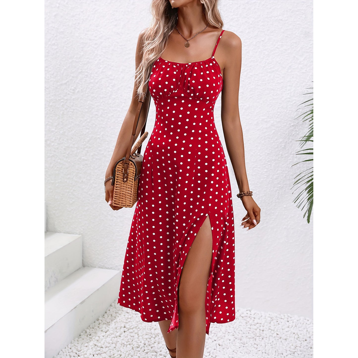 Robe Longue à Pois Femme – Fente Élégante