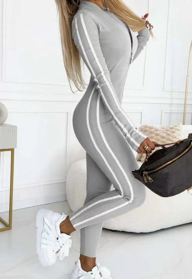 Combinaison slim rayée demi-fermeture éclair automne et hiver